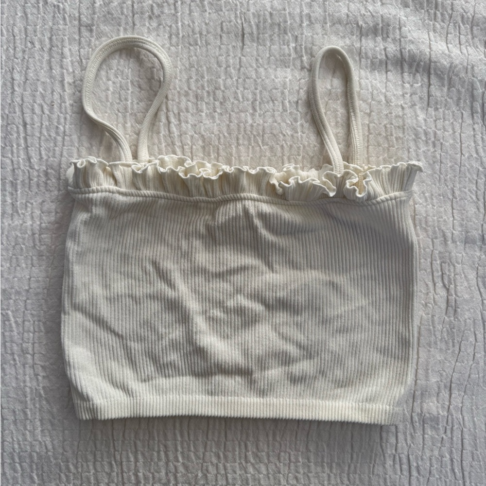 Zara Cream Ribbed Crop Top with Ruffle Trim